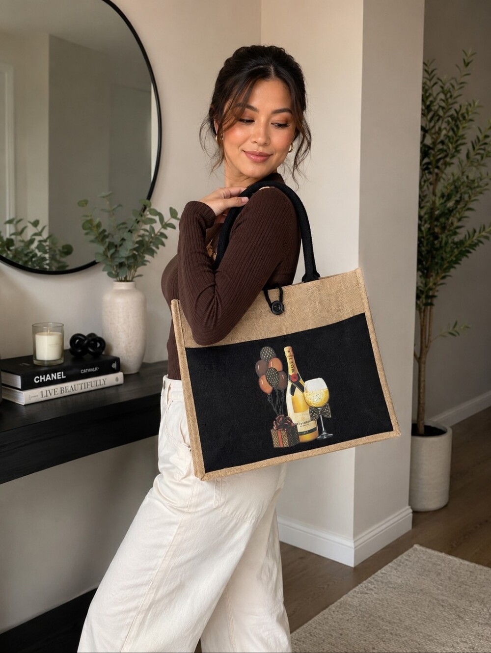 Women’s Champagne Theme Jute Tote Bag – Black & Natural – NWT